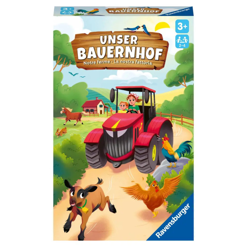 Bunte Brettspielschachtel mit Kindern auf rotem Traktor, Bauernhoftieren und dem Titel Unser Bauernhof.