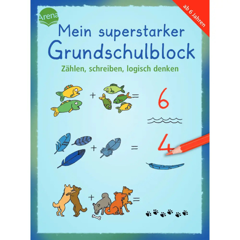 Deutsches Arbeitsbuch mit Matheaufgaben, Tieren, Federn und den roten Zahlen 6 und 4 auf dem Cover.