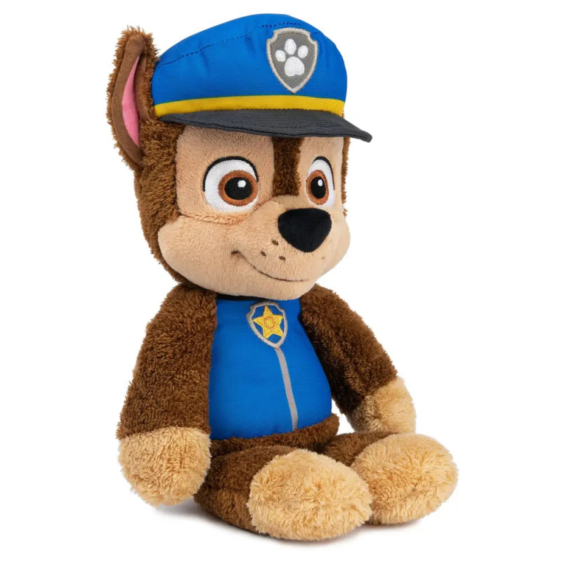 Plüschfigur Chase aus PAW Patrol in blauer Polizeiuniform und Mütze mit Pfotenabzeichen.