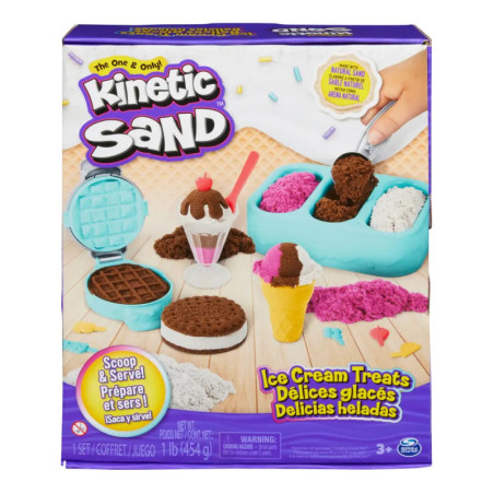 Kinetic Sand Ice Cream Treats Set: Box mit abgebildeten Eis- und Sandwichformen aus Spielzeug. Kinetic Sand Ice Cream Treats Set: Box mit abgebildeten Eis- und Sandwichformen aus Spielzeug.