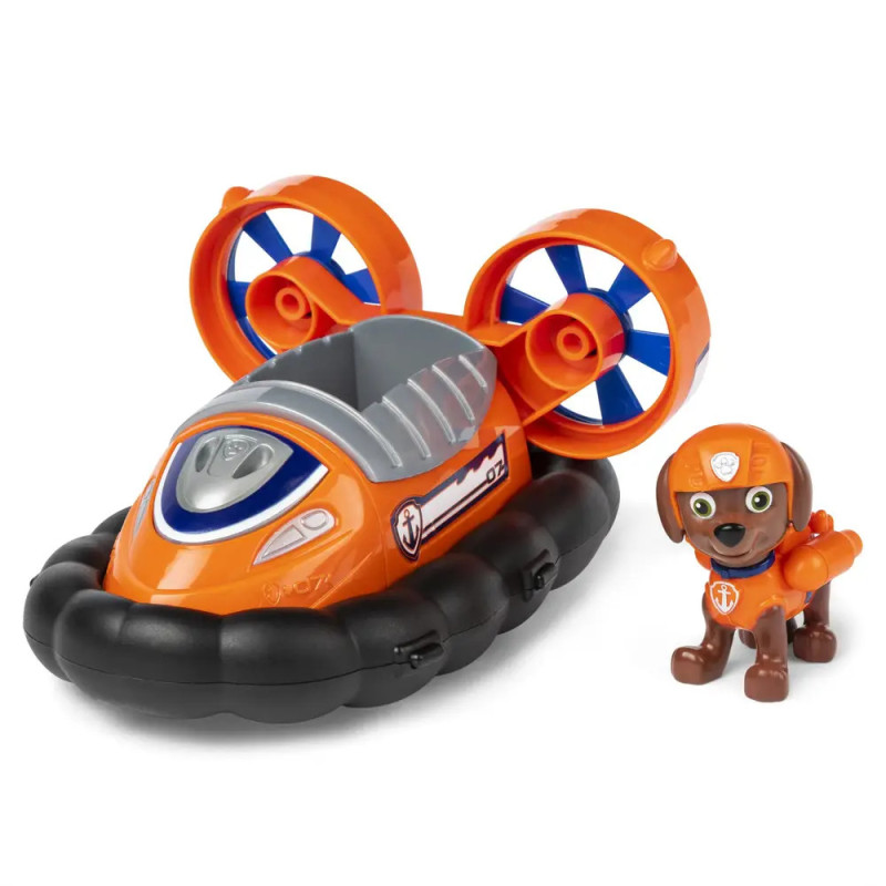 Oranges Spielzeug-Luftkissenboot mit blauen Akzenten und einer kleinen braunen Hundefigur mit orangefarbenem Helm. Oranges Spielzeug-Luftkissenboot mit blauen Akzenten und einer kleinen braunen Hundefigur mit orangefarbenem Helm.