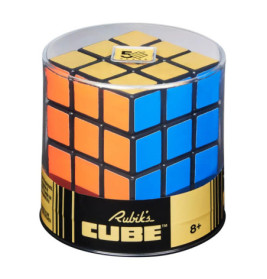 Verpackter Rubiks Cube mit sichtbaren orange und blauen Seiten, geeignet für Kinder ab 8 Jahren.