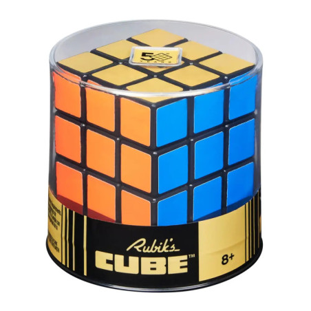 Verpackter Rubiks Cube mit sichtbaren orange und blauen Seiten, geeignet für Kinder ab 8 Jahren.