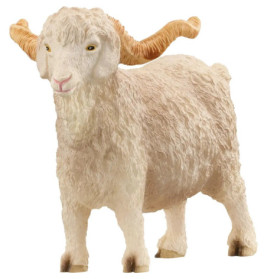 Realistische Figur einer weißen Ziege mit langen, lockigen Hörnern und zotteligem Fell auf vier Beinen.