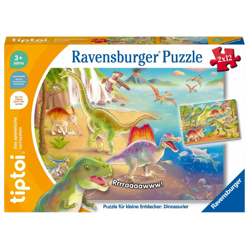 Bunte Ravensburger Dino-Puzzlebox mit Cartoon-Dinosauriern am Fluss, geeignet für Kinder ab 3 Jahren.