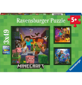 Ravensburger Minecraft-Puzzle mit drei Minecraft-Szenen, geeignet für Kinder ab 5 Jahren.