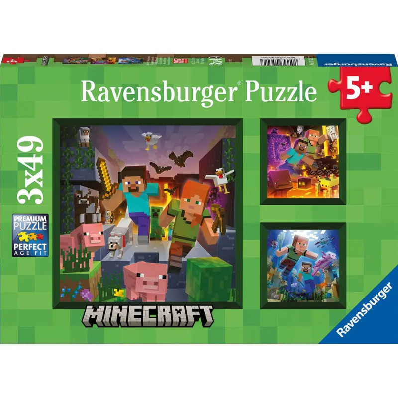 Ravensburger Minecraft-Puzzle mit drei Minecraft-Szenen, geeignet für Kinder ab 5 Jahren.