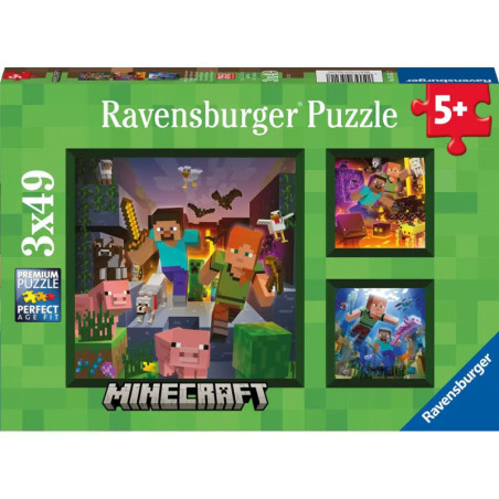 Ravensburger Minecraft-Puzzle mit drei Minecraft-Szenen, geeignet für Kinder ab 5 Jahren.