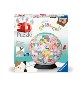 Box eines 3D-Squishmallows-Puzzleglobus von Ravensburger mit bunten Cartoon-Figuren.