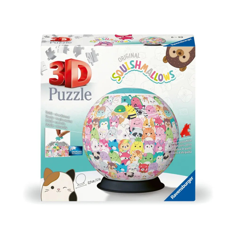 Box eines 3D-Squishmallows-Puzzleglobus von Ravensburger mit bunten Cartoon-Figuren.