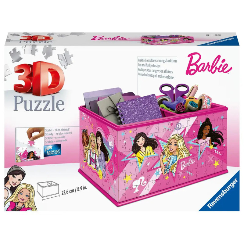 Ravensburger 3D-Puzzlebox im Barbie-Design mit illustrierten Barbie-Figuren und Motiven rund um Schreibwaren.