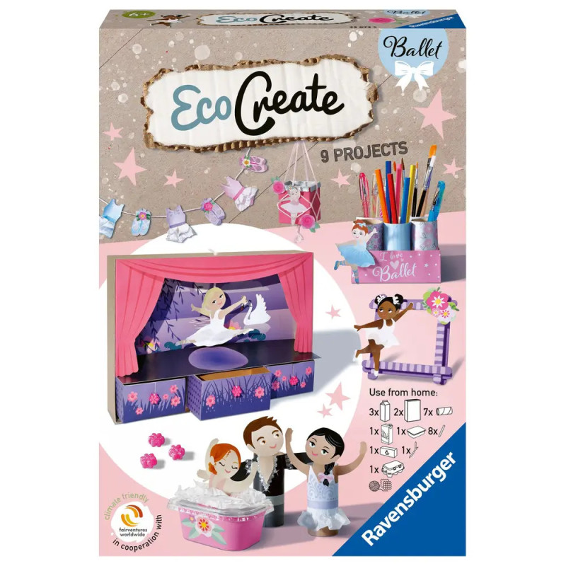 Box des Ravensburger EcoCreate Ballett-Bastelsets mit Beispielen und Materialien für Ballett-Projekte. Box des Ravensburger EcoCreate Ballett-Bastelsets mit Beispielen und Materialien für Ballett-Projekte.