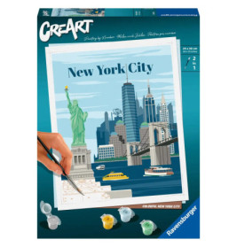 Malkasten mit Abbildungen der Freiheitsstatue, der Skyline von New York und der Brooklyn Bridge.