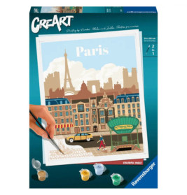 Malset-Box mit Pariser Stadtansicht und Sehenswürdigkeiten, wird von einer Hand ausgemalt.