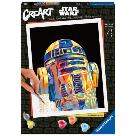 Star Wars Malen-nach-Zahlen-Set mit buntem, geometrischem R2-D2 und Farbtöpfchen unten.
