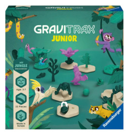 GraviTrax Junior Jungle Set mit Cartoon-Dschungeltieren, Bäumen und Altersangabe 3-7 auf der Verpackung.