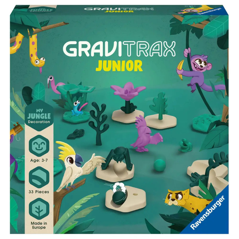 GraviTrax Junior Jungle Set mit Cartoon-Dschungeltieren, Bäumen und Altersangabe 3-7 auf der Verpackung. GraviTrax Junior Jungle Set mit Cartoon-Dschungeltieren, Bäumen und Altersangabe 3-7 auf der Verpackung.