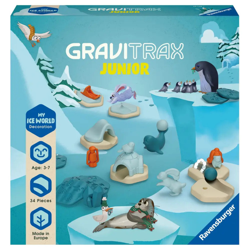 Gravitrax Junior Eiswelt: Spielset-Box mit arktischen Tieren und verschneiten Spielelementen abgebildet. Gravitrax Junior Eiswelt: Spielset-Box mit arktischen Tieren und verschneiten Spielelementen abgebildet.