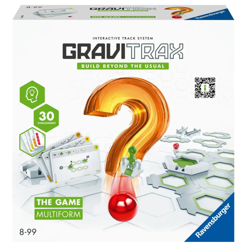 GraviTrax-Spielbox mit großem orangenen Fragezeichen, Karten und roter Metallkugel auf weißem Hintergrund. GraviTrax-Spielbox mit großem orangenen Fragezeichen, Karten und roter Metallkugel auf weißem Hintergrund.