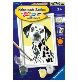 Malen-nach-Zahlen-Set für Kinder mit Dalmatiner-Porträt, Farbtöpfchen und Pinsel.