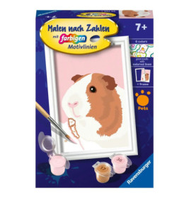 Malen-nach-Zahlen-Set für Kinder mit Meerschweinchenmotiv, Farbtöpfen und Pinsel auf der Verpackung.