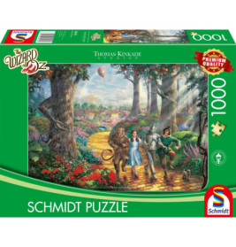 Puzzlebox mit 1000 Teilen, zeigt Dorothy und Freunde auf dem gelben Ziegelweg in einer bunten Szene aus Der Zauberer von Oz.