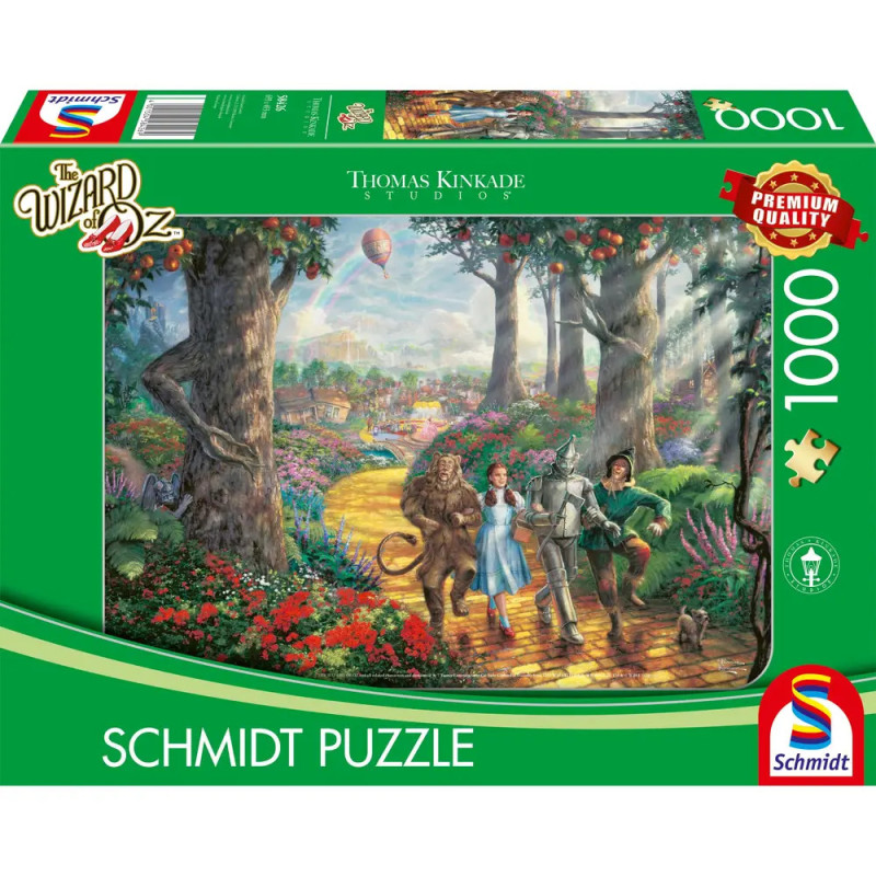 Puzzlebox mit 1000 Teilen, zeigt Dorothy und Freunde auf dem gelben Ziegelweg in einer bunten Szene aus Der Zauberer von Oz. Puzzlebox mit 1000 Teilen, zeigt Dorothy und Freunde auf dem gelben Ziegelweg in einer bunten Szene aus Der Zauberer von Oz.