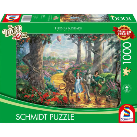 Puzzlebox mit 1000 Teilen, zeigt Dorothy und Freunde auf dem gelben Ziegelweg in einer bunten Szene aus Der Zauberer von Oz.
