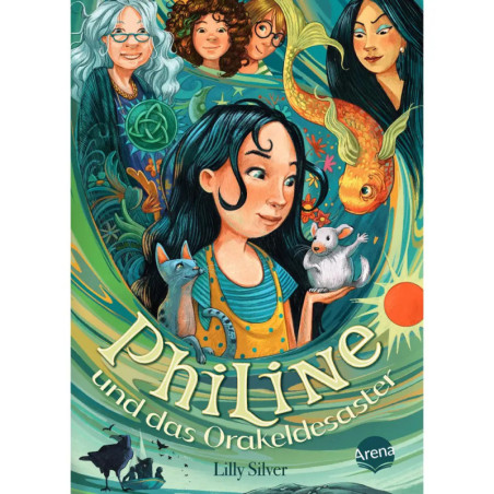 Illustration: Ein Mädchen mit Tieren, vier Frauen im Hintergrund, magische Wirbel deutscher Buchtitel.