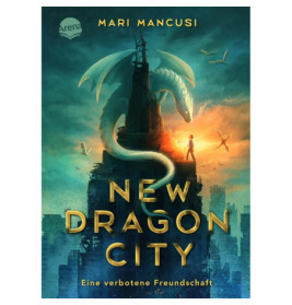 Ein Junge steht auf einem zerstörten Wolkenkratzer vor einem weißen Drachen. Titel: Neue Drachenstadt.