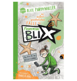 Mädchen mit Brille sitzt mit Laptop, umgeben von Seesternen und Kritzeleien auf grünem Buchcover.