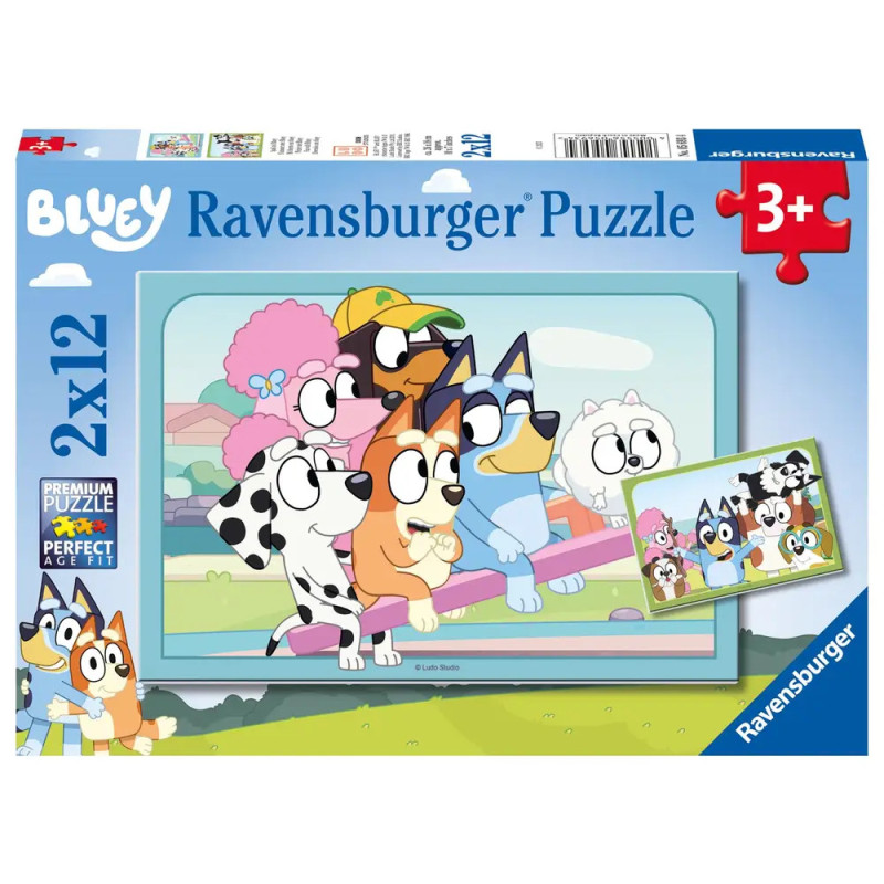 Ravensburger-Puzzle Bluey: Cartoon-Hunde fahren im Wagen. Für Kinder ab 3 Jahren geeignet.