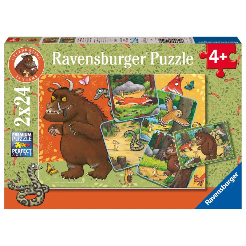 Ravensburger Gruffalo Puzzlebox ab 4 Jahren, bunte Tiermotive, enthält 2 Puzzles mit je 24 Teilen.