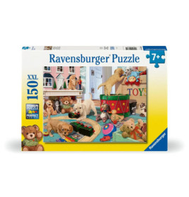Schachtel eines 150-teiligen Ravensburger Puzzles mit Welpen und Spielzeug in farbenfrohem Spielzimmer.