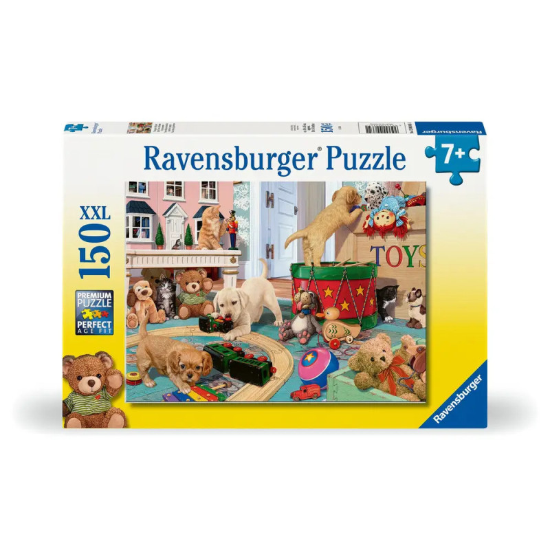 Schachtel eines 150-teiligen Ravensburger Puzzles mit Welpen und Spielzeug in farbenfrohem Spielzimmer.
