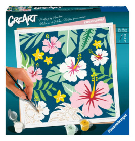 Malset mit tropischem Blumenmotiv auf der Verpackung eine Hand bemalt einen Teil des Bildes.