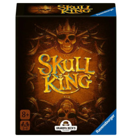 Spielschachtel von Skull King mit goldenem Totenschädel und verzierten Details auf dunklem Hintergrund.