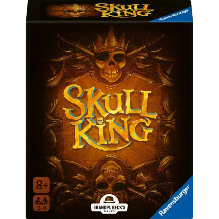 Spielschachtel von Skull King mit goldenem Totenschädel und verzierten Details auf dunklem Hintergrund.