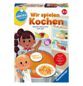 Zwei lachende Kinder spielen in einer bunten, illustrierten Küche beim Kochen von Suppe und Pasta.