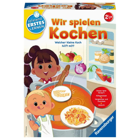 Zwei lachende Kinder spielen in einer bunten, illustrierten Küche beim Kochen von Suppe und Pasta.
