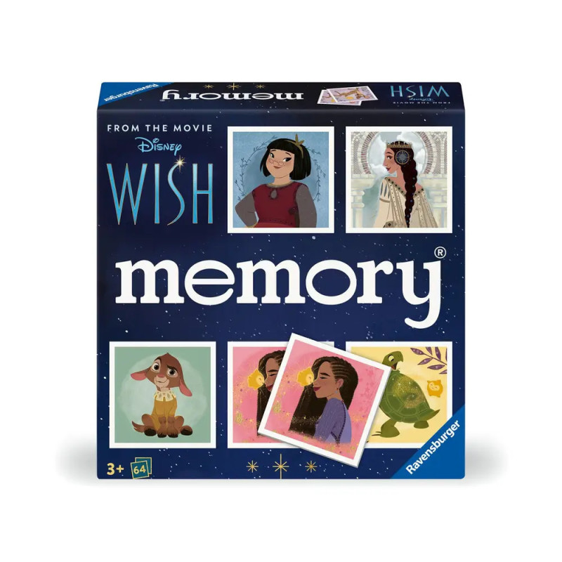 Disney Wish Memory-Spiel mit Figuren und Szenen aus dem Film auf dunkelblauem Hintergrund. Disney Wish Memory-Spiel mit Figuren und Szenen aus dem Film auf dunkelblauem Hintergrund.