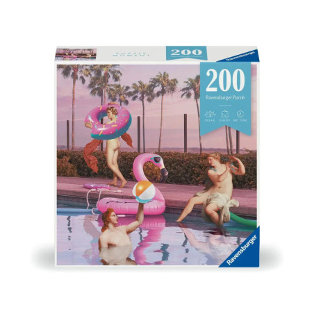 Puzzle mit 200 Teilen: Klassische Kunstfiguren spielen bei einem modernen Pool mit aufblasbaren Schwimmen.