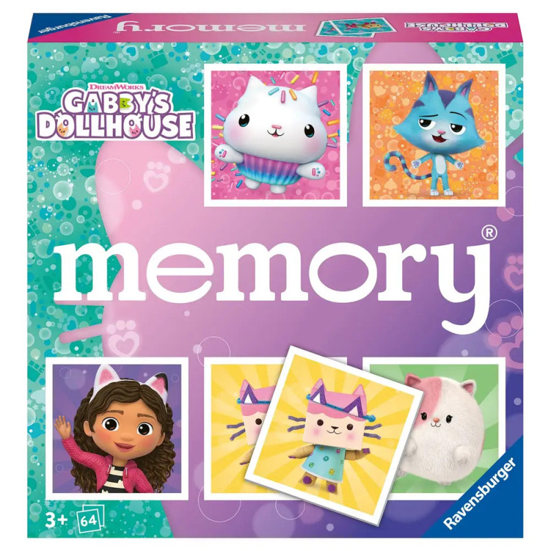 Gabbys Dollhouse Memory Game: Verpackung mit Cartoon-Katzen und Gabby auf buntem Hintergrund.
