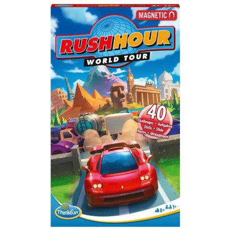 Rush Hour World Tour Spielbox mit rotem Sportwagen und bekannten Wahrzeichen im Hintergrund.