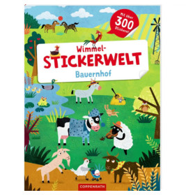 Buntes Stickerbuchcover mit Bauernhofmotiv, Tieren, Teich, Bäumen und dem Titel Stickerwelt Bauernhof.