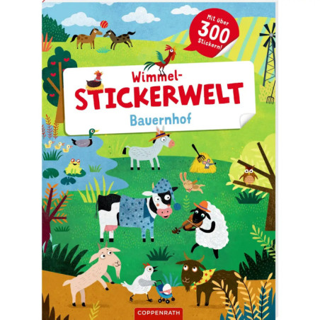 Buntes Stickerbuchcover mit Bauernhofmotiv, Tieren, Teich, Bäumen und dem Titel Stickerwelt Bauernhof.