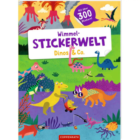 Buntes Dinosaurier-Stickerbuch mit Comic-Dinos, Vulkan und Pflanzen deutscher Titeltext auf dem Cover.