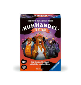 Bunte Kuhhandel Festival-Spielschachtel mit verkleideten Kühen und festlicher Dekoration.