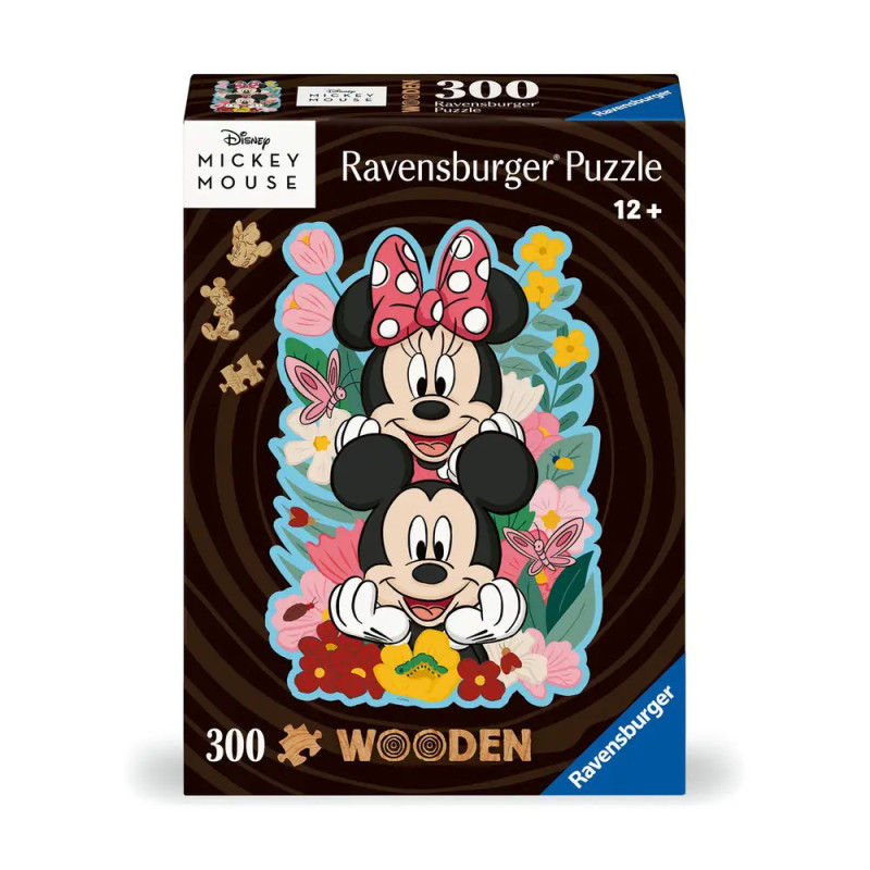 Ravensburger Puzzle mit 300 Teilen: Mickey und Minnie Mouse, umgeben von bunten Blumen und Schmetterlingen.