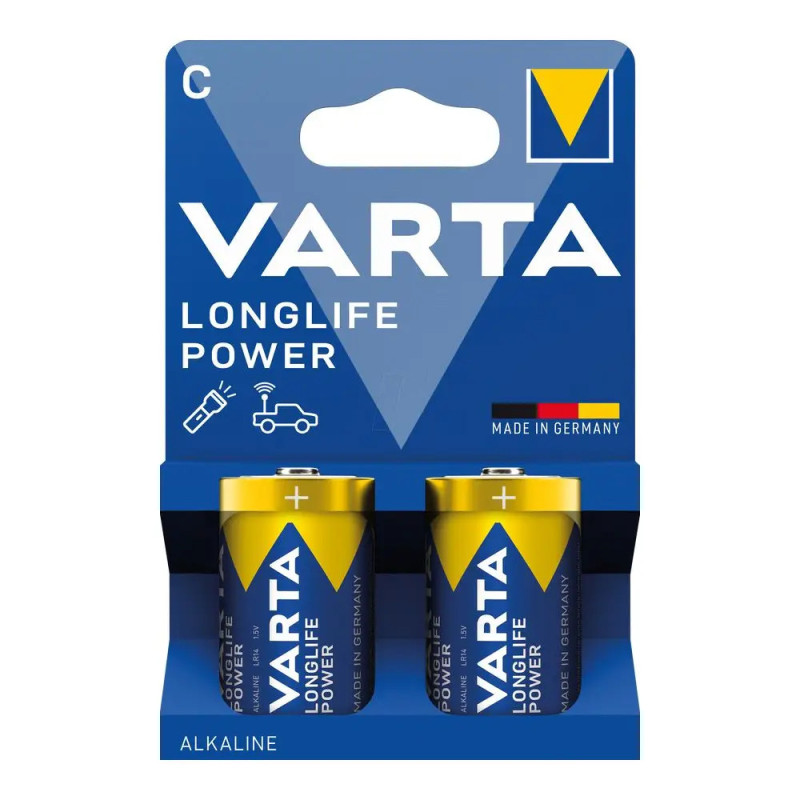 Zwei Varta Longlife Power C Batterien in blau-gelber Verpackung, Aufschrift Made in Germany.